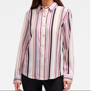 DKNY blouse pink navy purple white multicolored striped button up Oxford satin